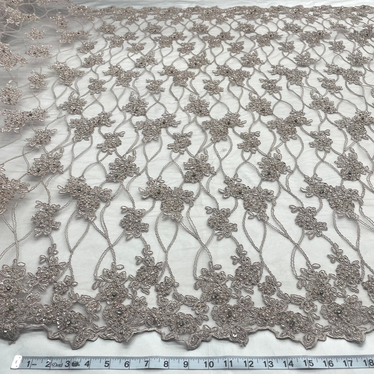 1 Yard Blush Beaded & Corded Bridal Lace Embroidered on Fabric 52" Wide Polyester Net Mesh