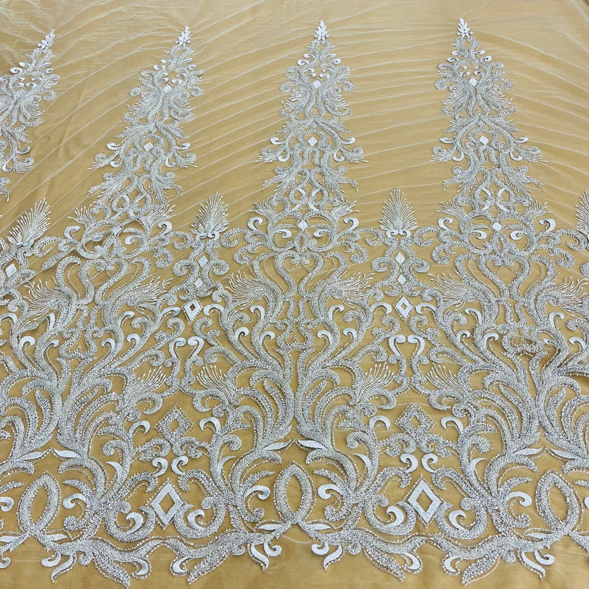 1 Yard Gold Beaded Lace Fabric Embroidered with Fuzzy Thread on 100 Percent Polyester Net Mesh 49 Inch Width