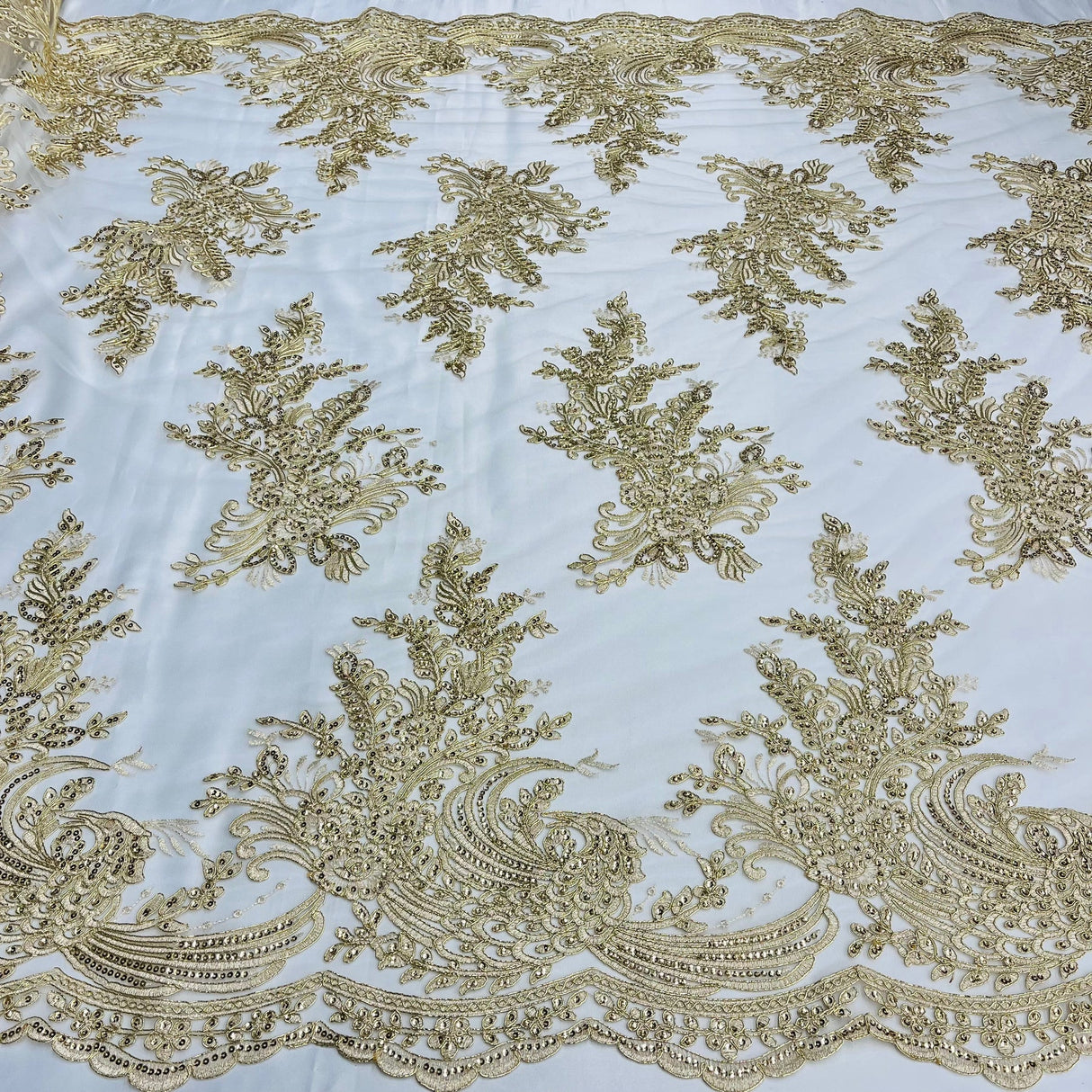 1 Yard Gold Beaded Corded Bridal Lace Fabric Embroidered on Polyester Net Mesh 50 inch Width