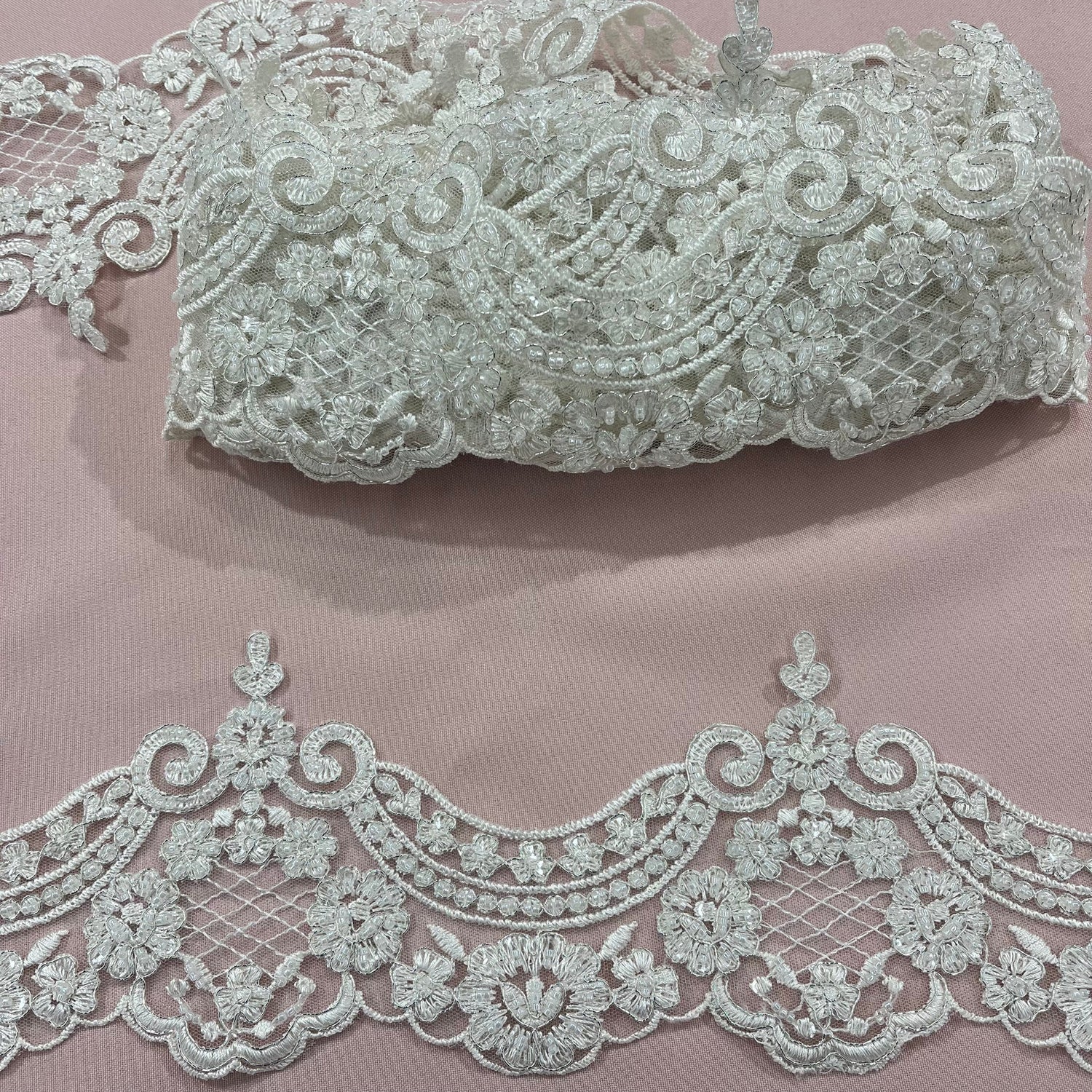 1 Yard  5″ Wide Beaded & Corded Lace Trimming Embroidered on 100% Polyester Net Mesh