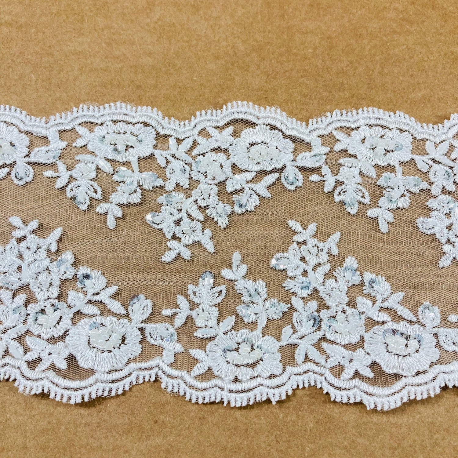 1 Yard Beaded Double Sided Lace Trimming Embroidered on 100% Polyester Net Mesh 5″ Wide