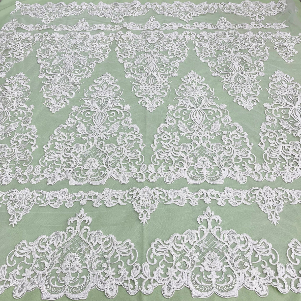 1 Yard Elegant Corded Bridal Lace Fabric Embroidered on Premium Polyester Mesh 53