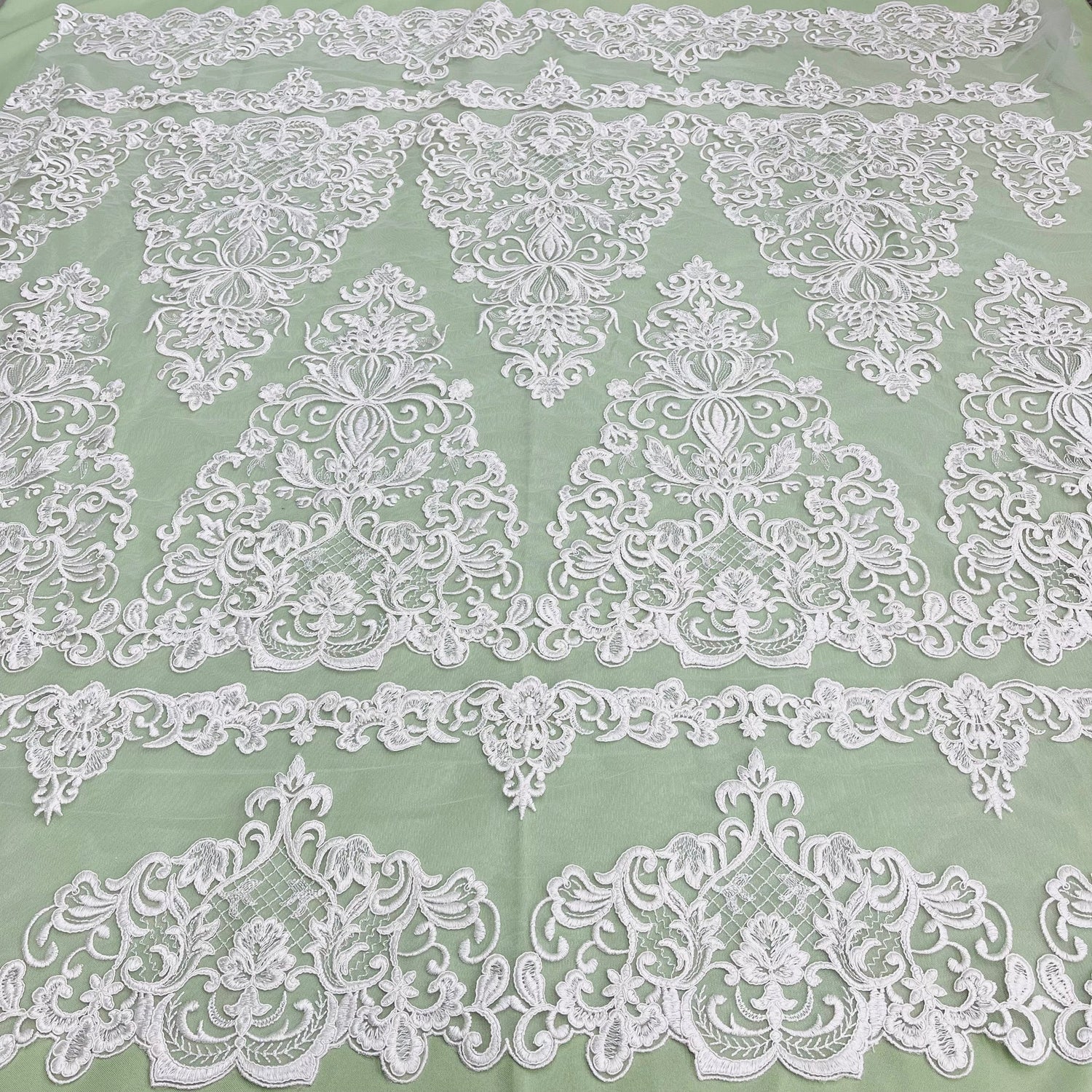 1 Yard Elegant Corded Bridal Lace Fabric Embroidered on Premium Polyester Mesh 53