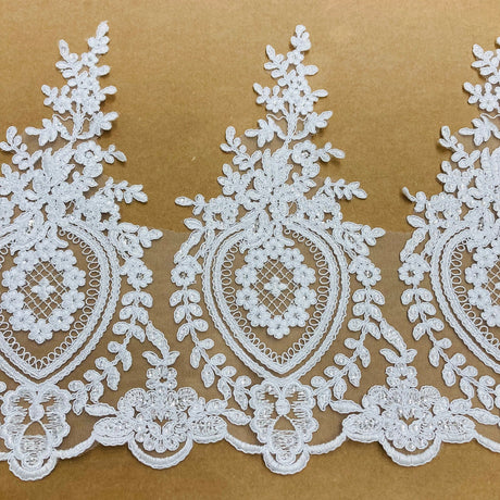 1 Yard Beaded & Corded Lace Trimming  13″ Wide Embroidered on 100% Polyester Net Mesh