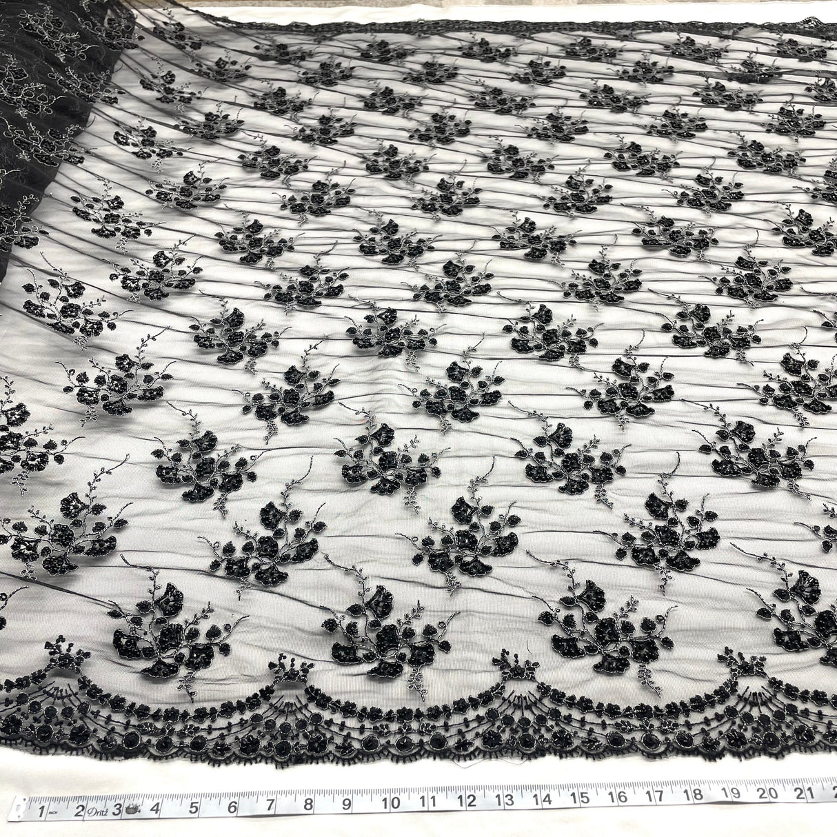 1 Yard Luxurious Beaded & Rhinestone 3D Floral Lace Fabric Embroidered on Polyester Net Mesh 52" Width