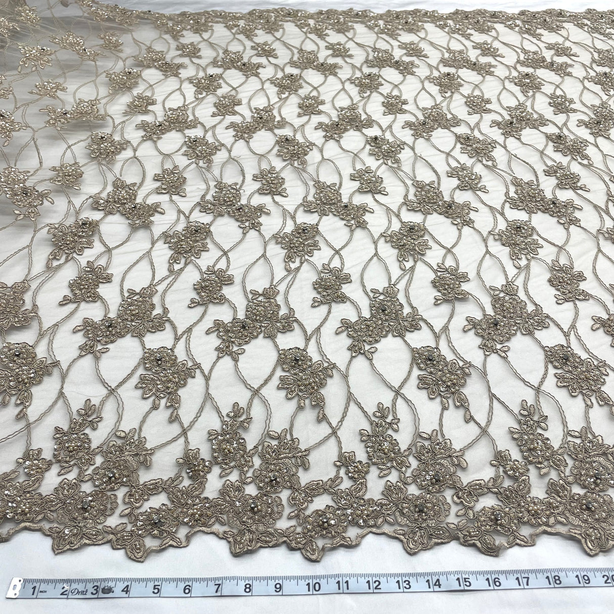 1 Yard Blush Beaded & Corded Bridal Lace Embroidered on Fabric 52" Wide Polyester Net Mesh