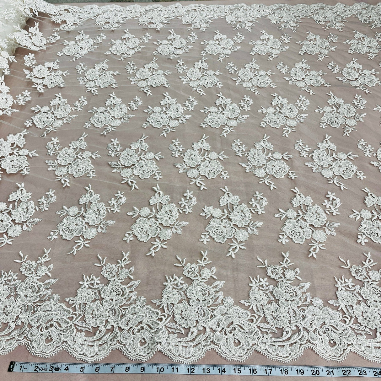 1 Yard Exquisite Ivory Silver Beaded Corded Bridal Lace Fabric on Net Mesh 51 inch Width