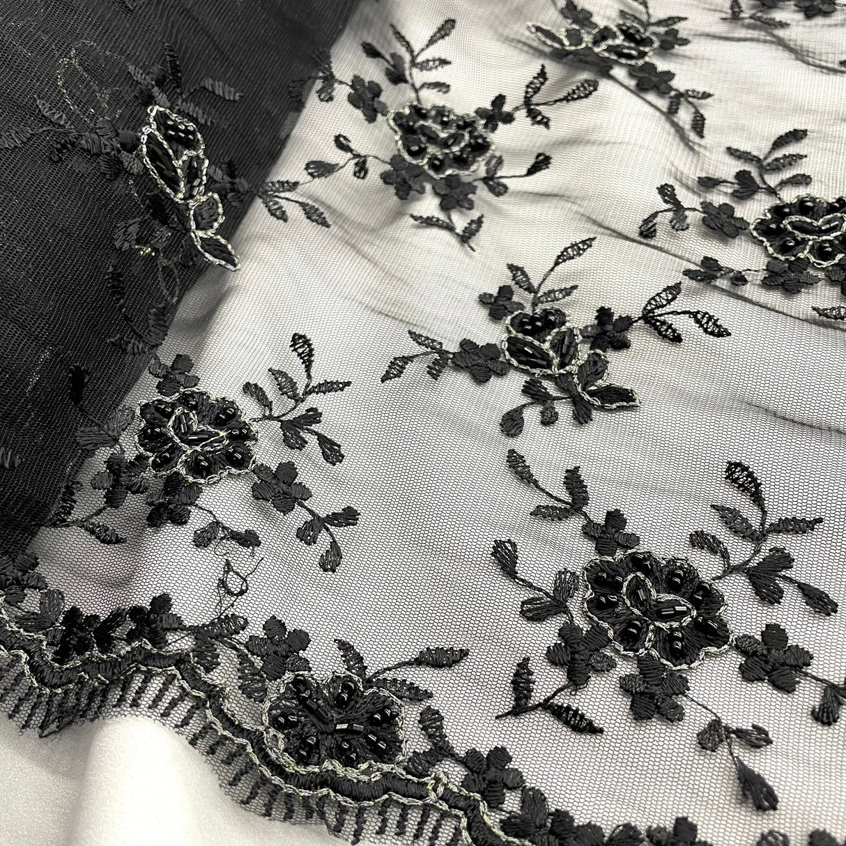 1 Black Yard Beaded Lace Fabric Embroidered Pearl Mesh Couture Dress 50" Width