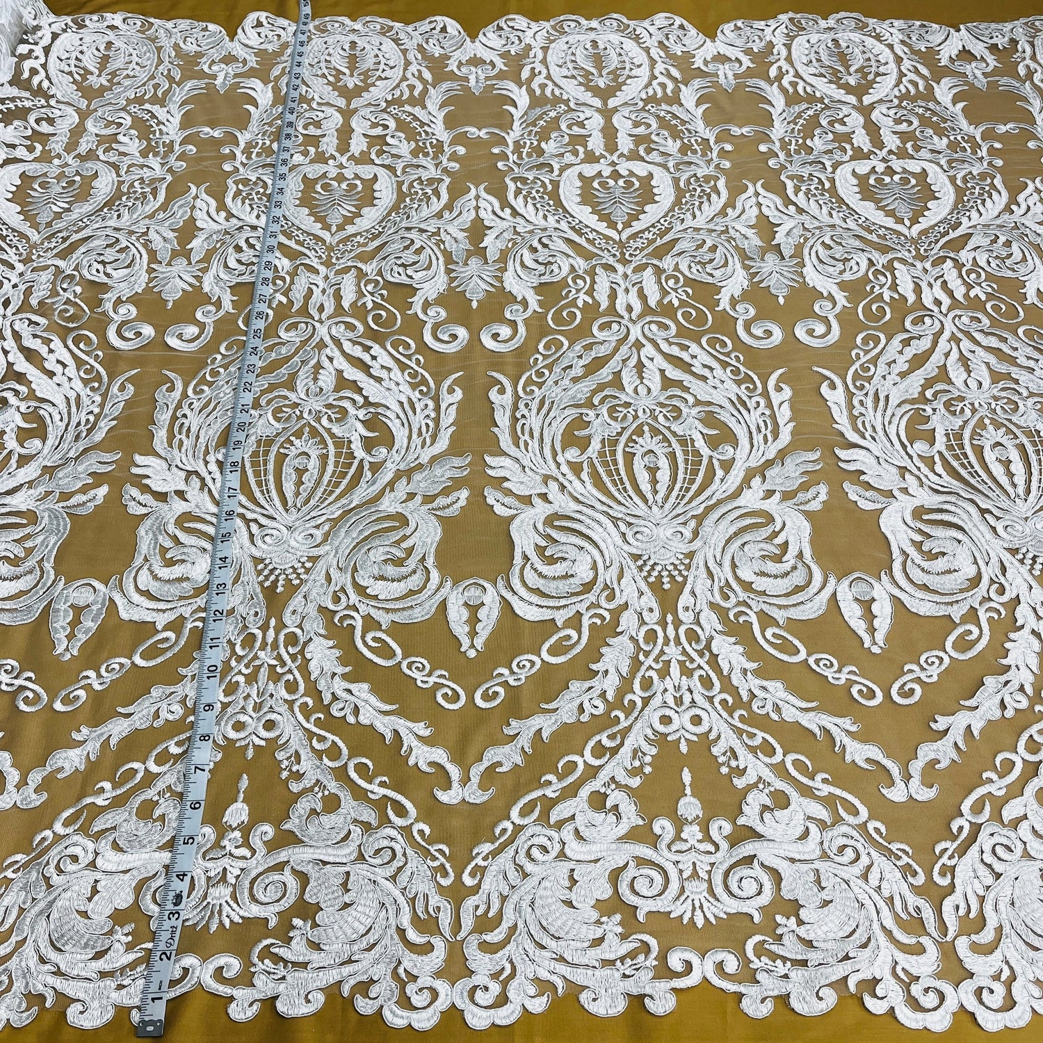 1 Yard Elegant Corded Bridal Lace Fabric Embroidered on Premium Polyester Mesh 48
