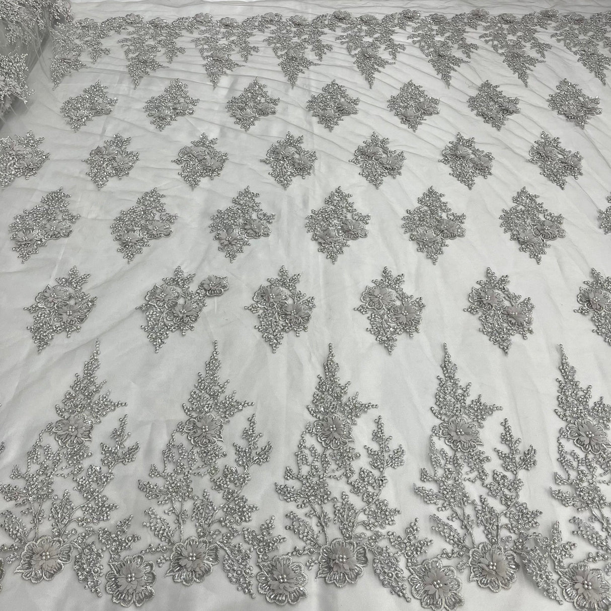 1 Yard Elegant Beaded and Corded Bridal Lace Fabric Embroidered on Polyester Net Mesh 52 inch Width