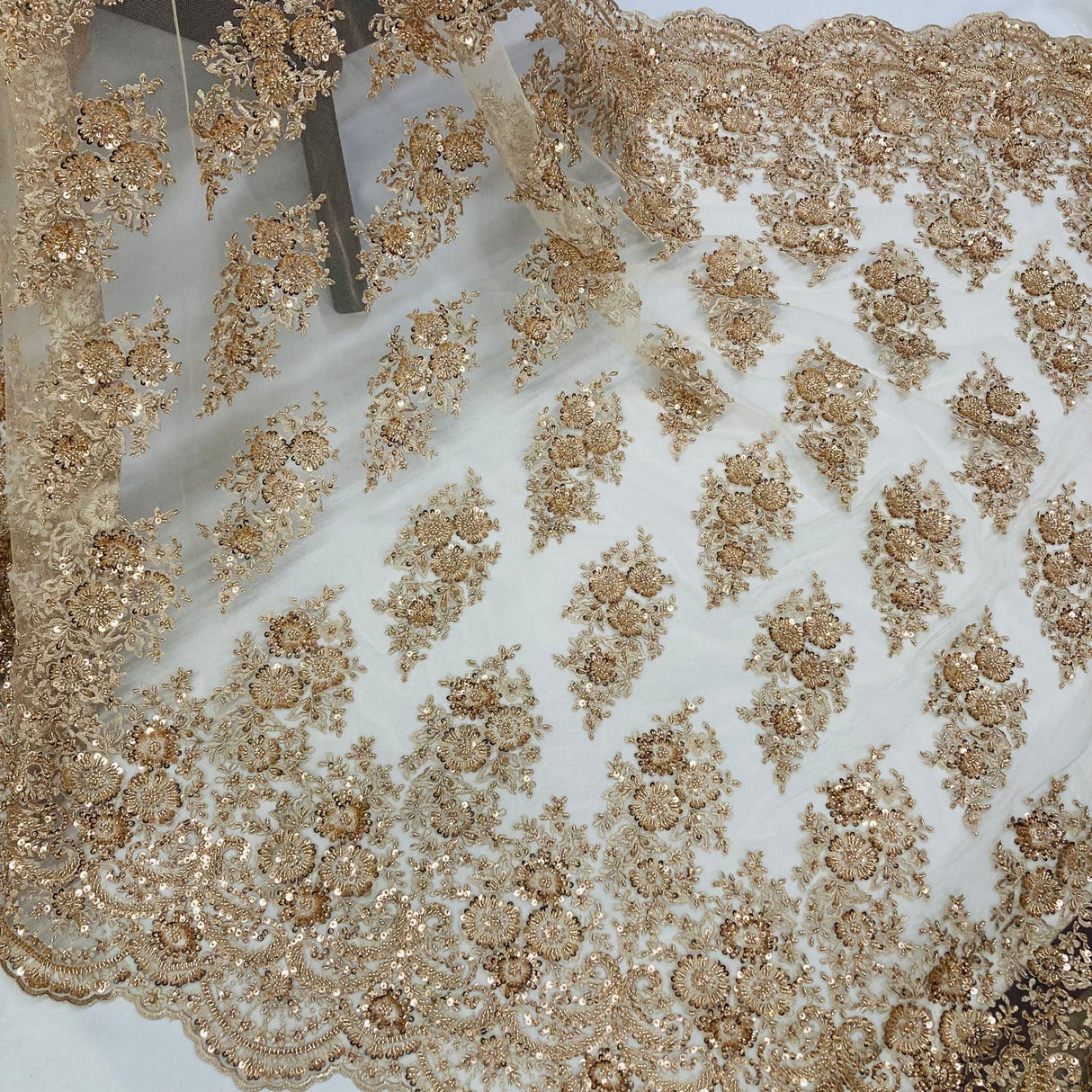 1 Yard Red Beaded Embroidered Lace Fabric on 100% Polyester Mesh, 50" Width