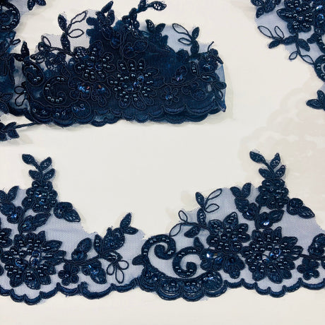 1 Yard  Embroidered on 100% Polyester Organza 4.5″ Wide Beaded & Corded Lace Trimming