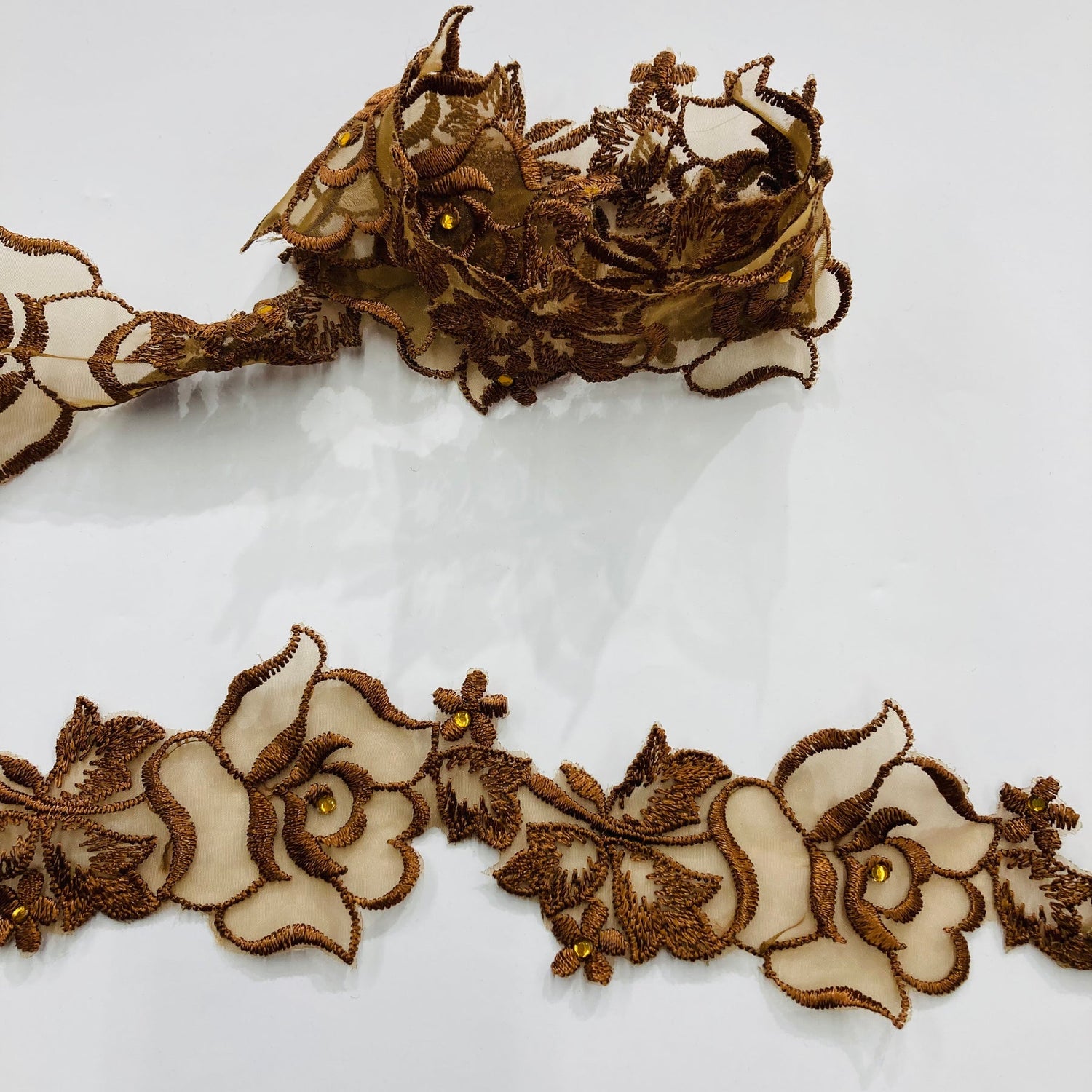 1 Yard Beaded Lace Trimming Embroidered on Organza | 2" Wide | Decorative Trim for Gowns & Costumes