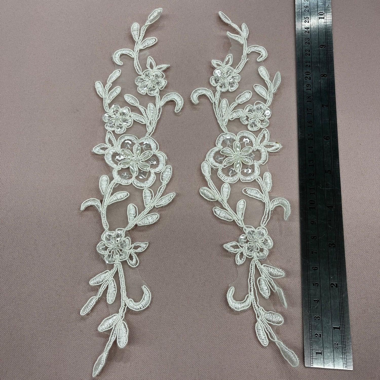 1 Pair Beaded & Corded Lace Applique Embroidered on 100% Polyester Organza 10" x 2" Each Side