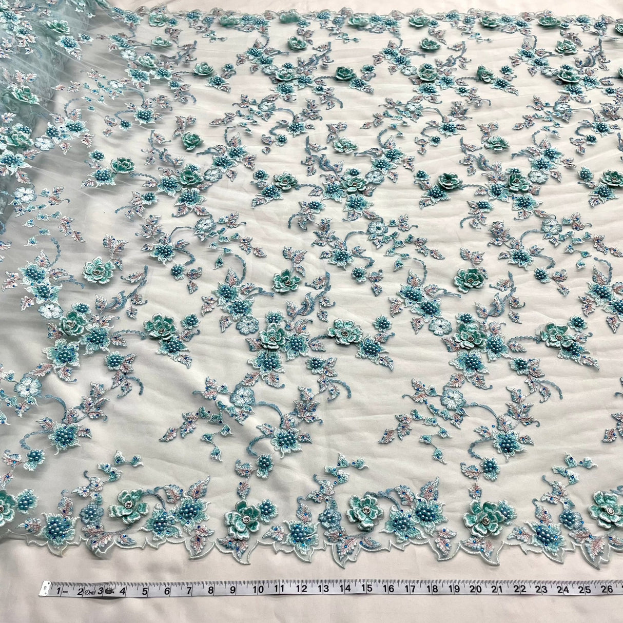 1 Yard Aqua Beaded 3D Floral Lace Fabric Embroidered on Polyester Net Mesh 54 inch Width
