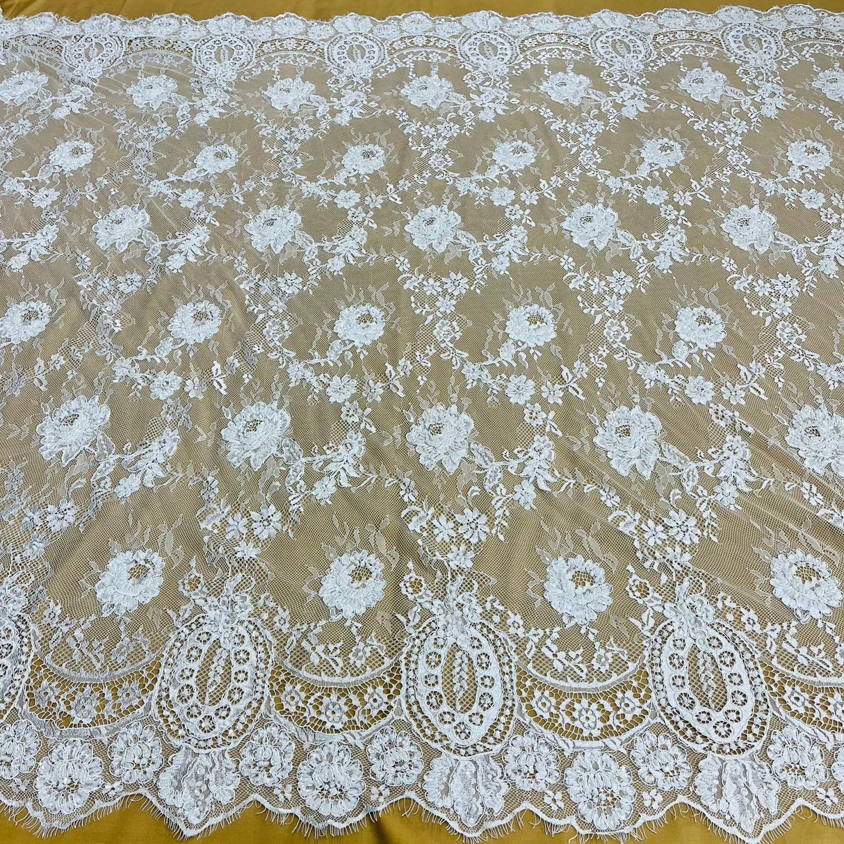 3 Yards Precut Beaded & Corded Chantilly Floral Lace Fabric Embroidered on 100% Polyester Net Mesh 58" Wide