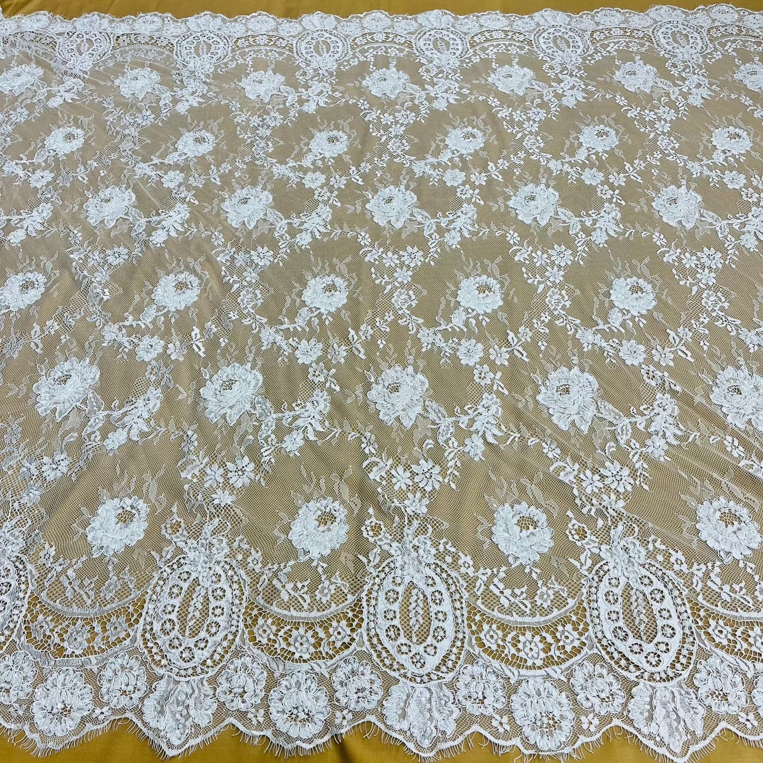3 Yards Precut Beaded & Corded Chantilly Floral Lace Fabric Embroidered on 100% Polyester Net Mesh 58" Wide