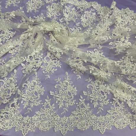 1 Yard Premium Beaded Corded Bridal Lace Fabric Embroidered on Polyester Mesh 54