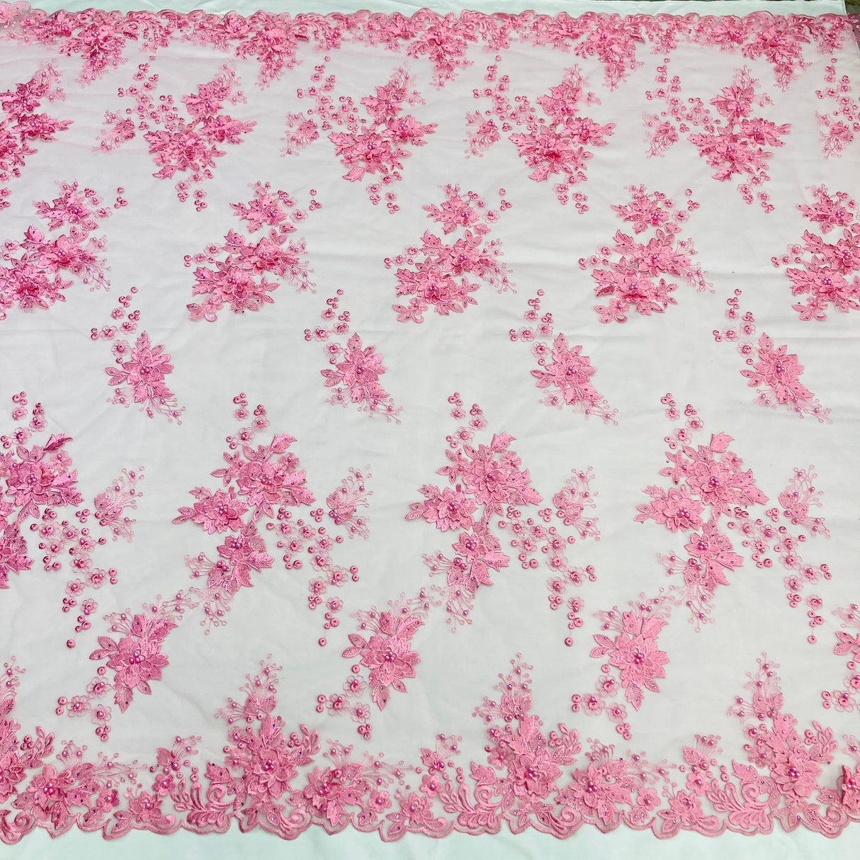 1 Yard Beaded Rhinestone 3D Floral Lace Fabric Embroidered Mesh Gown 52" Width