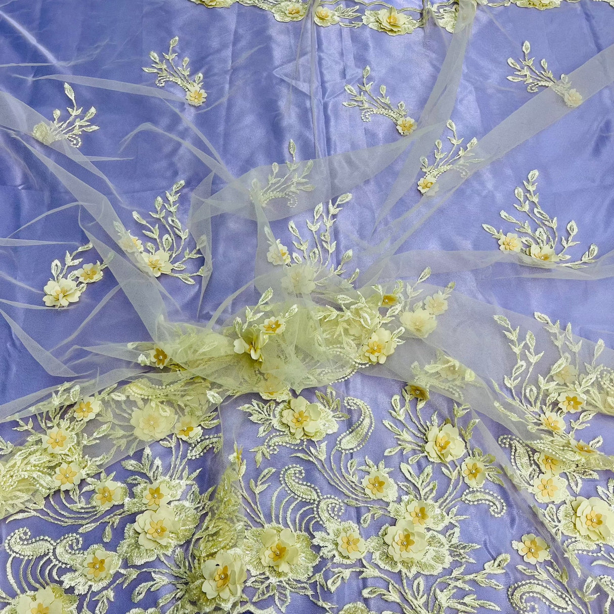 1 Yard Beaded 3D Floral Lace Fabric Embroidered Elegant Mesh Dress 51" Width