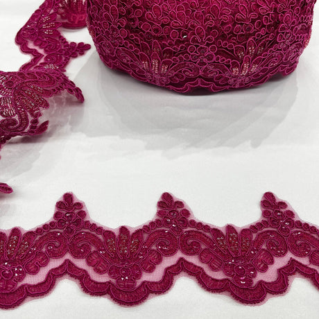 1 Yard Luxurious Beaded & Corded Lace Trimming Embroidered on 100% Polyester Net Mesh for Special Occasion Dresses 3 Inch Width
