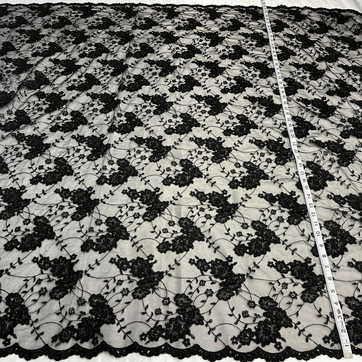 1 Yard Beaded and Corded Lace Fabric Embroidered on Polyester Net Mesh