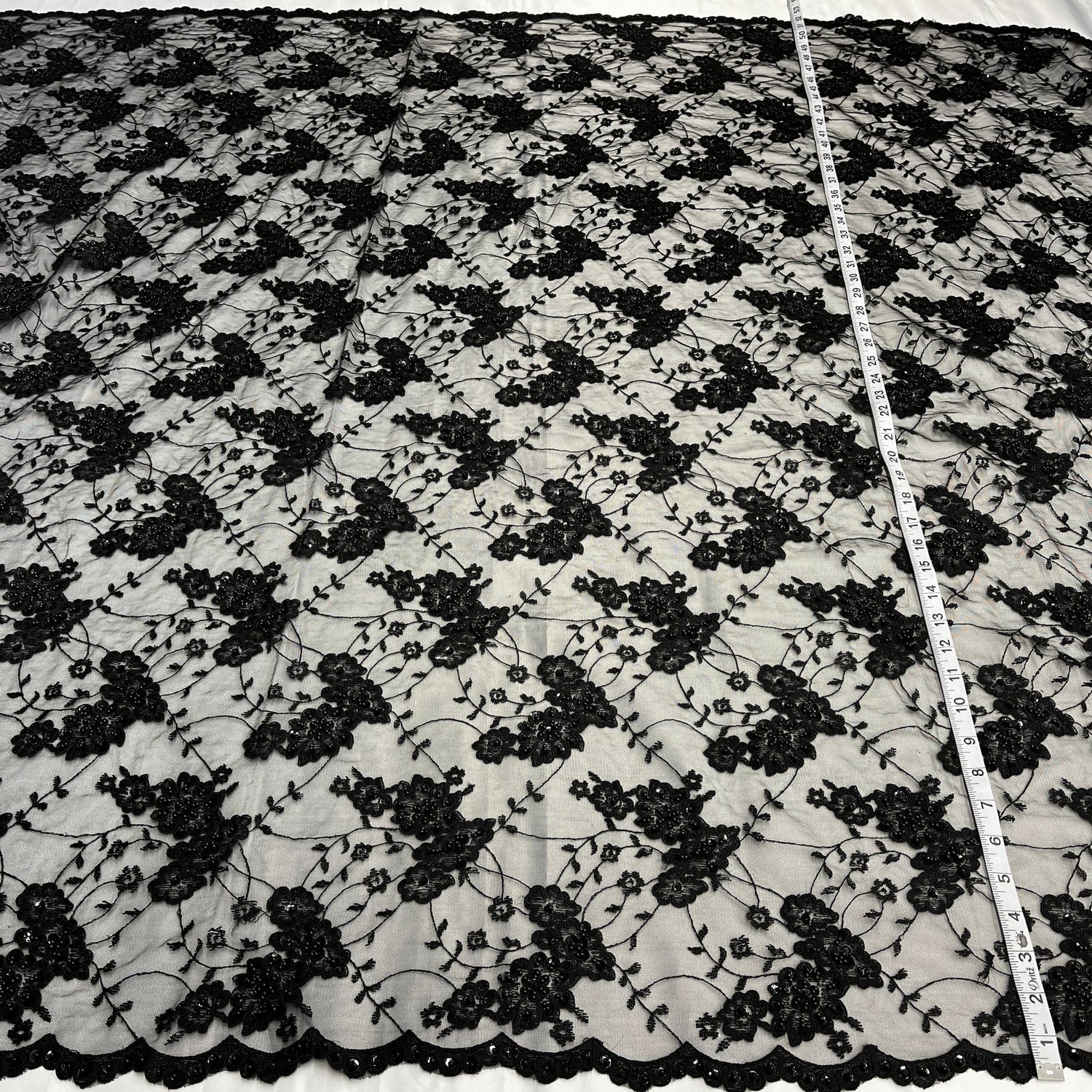 1 Yard Beaded and Corded Lace Fabric Embroidered on Polyester Net Mesh