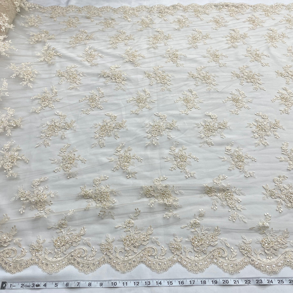 1 Yard Beaded Corded Bridal Lace Fabric Embroidered Mesh Champagne 54" Width