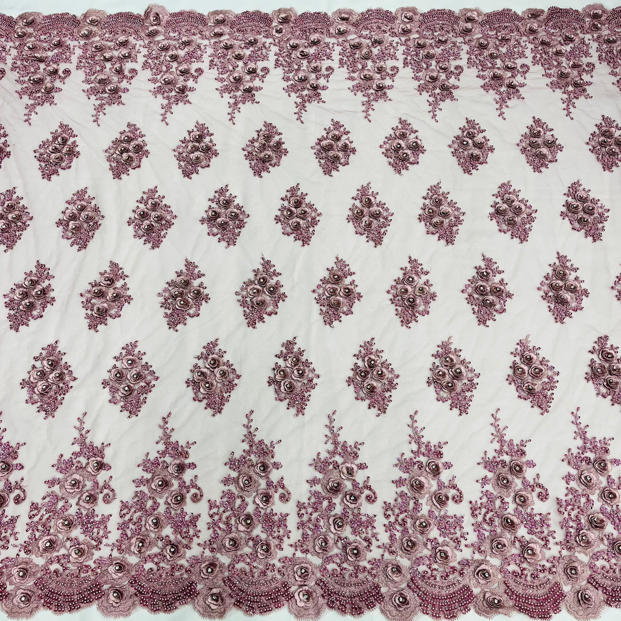 1 Yard Beaded Rhinestone 3D Floral Lace Fabric Embroidered on Polyester Mesh 54