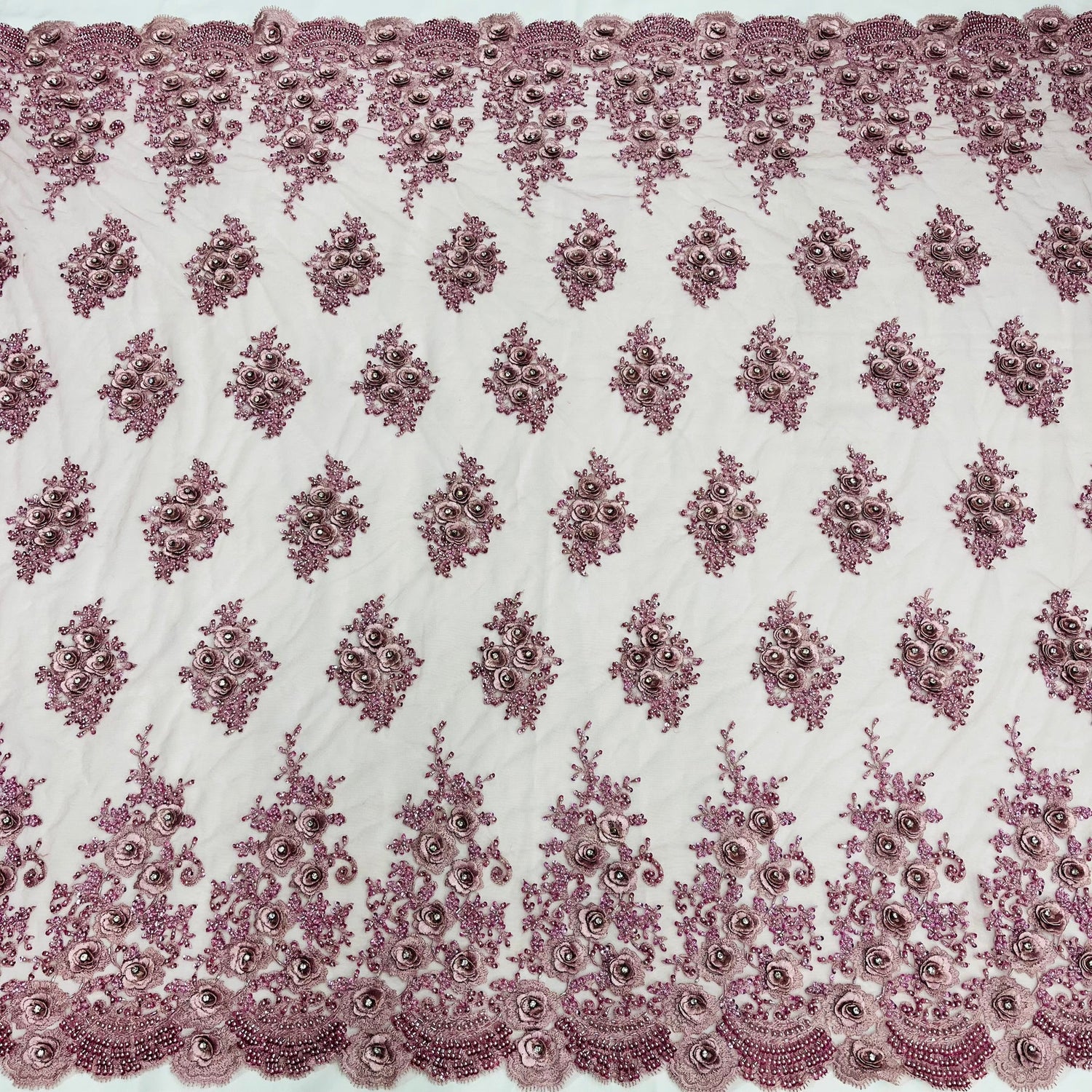 1 Yard Beaded Rhinestone 3D Floral Lace Fabric Embroidered on Polyester Mesh 54