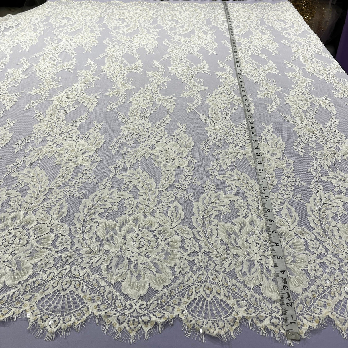 3 Yards Beaded Chantilly Embroidered Lace Fabric with Eyelash Scallop 56" Wide Elegant Special Occasion Lace