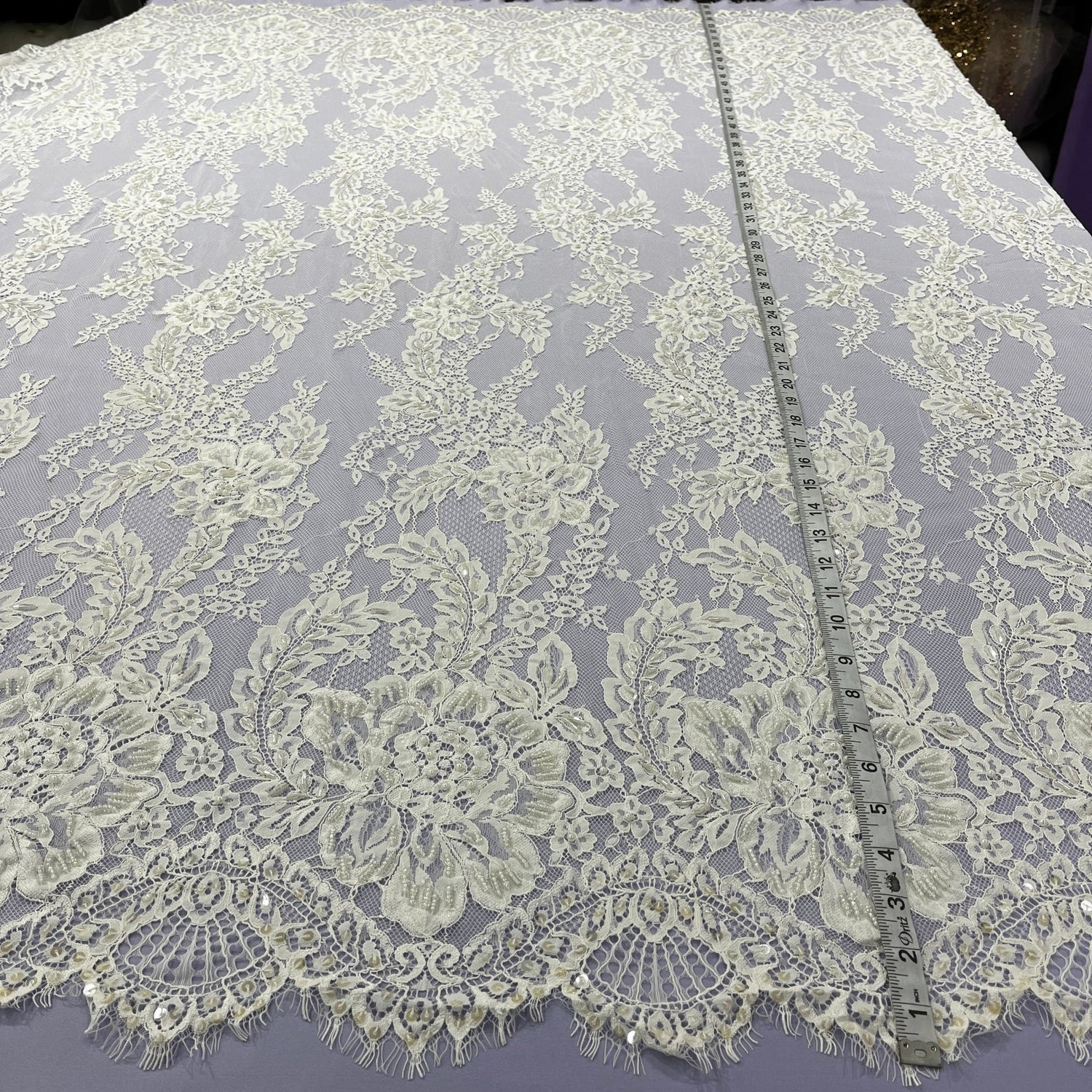 3 Yards Beaded Chantilly Embroidered Lace Fabric with Eyelash Scallop 56" Wide Elegant Special Occasion Lace