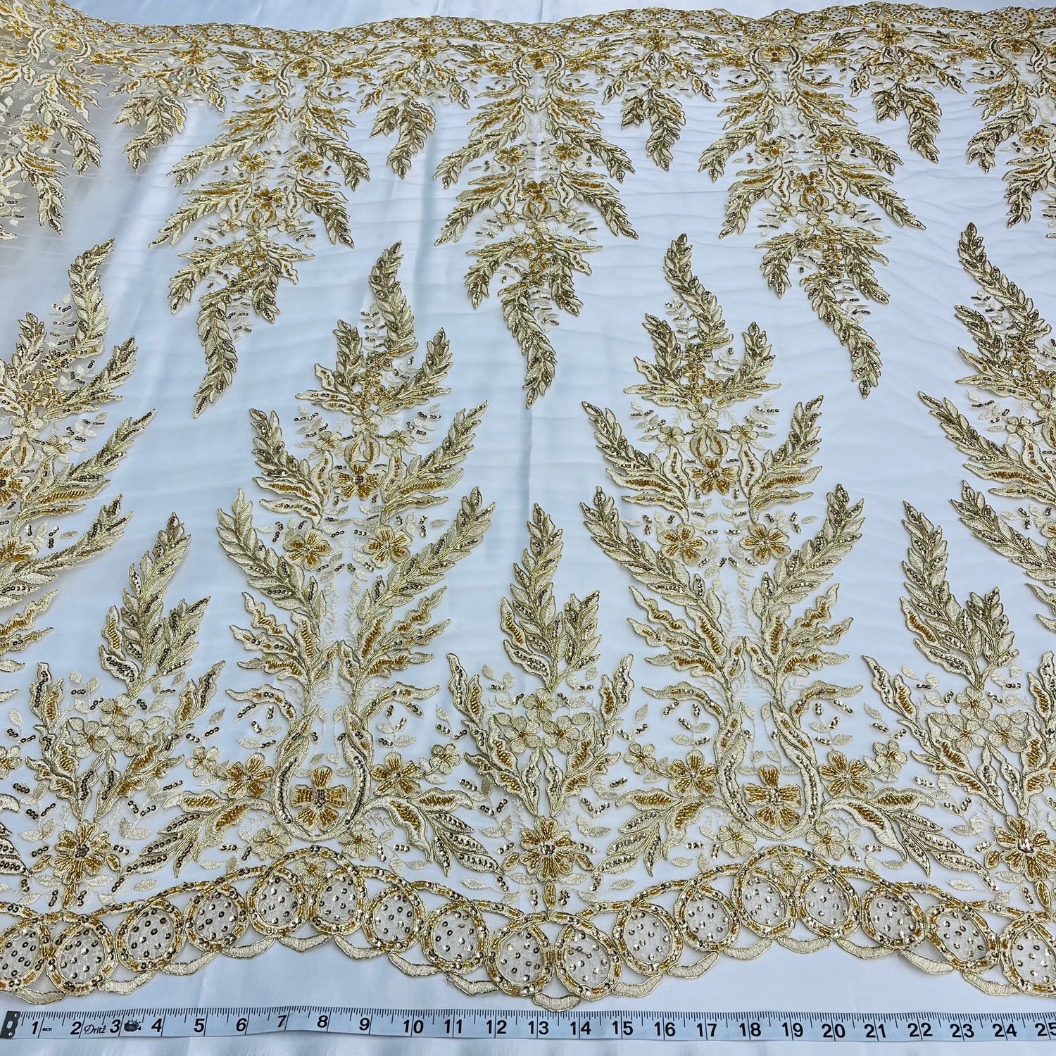 1 Yard Beaded Corded Bridal Lace Fabric Embroidered on Polyester Net Mesh Width 51 Inches