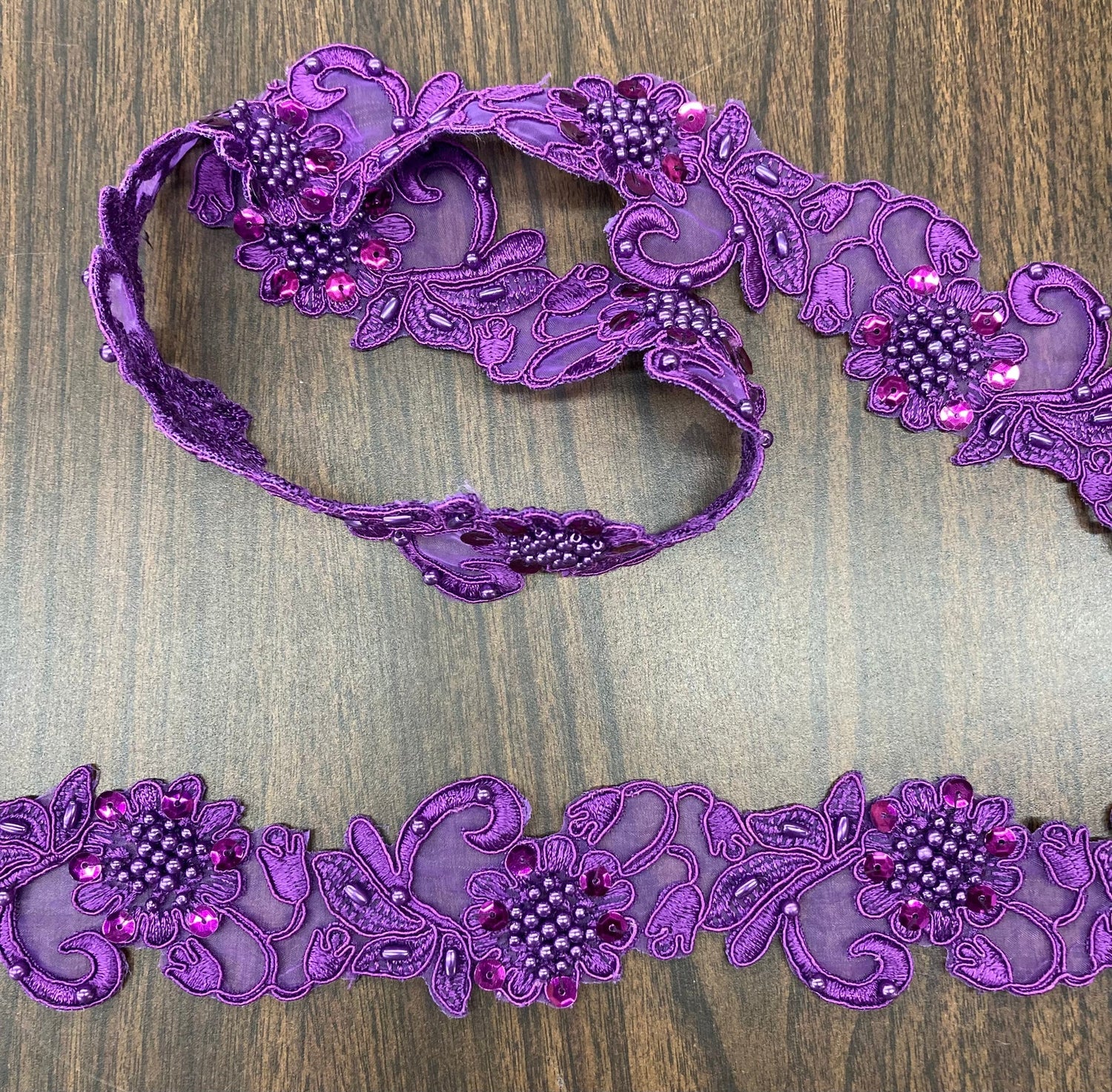 1 Yard Handmade Beaded & Corded Lace Trimming Embroidered on Polyester Organza 2 Inch Width