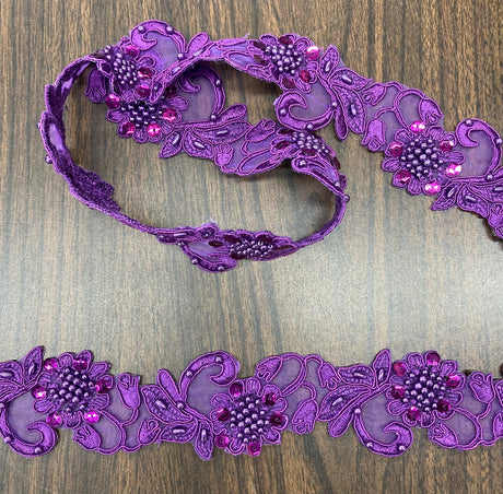 1 Yard Handmade Beaded & Corded Lace Trimming Embroidered on Polyester Organza 2 Inch Width
