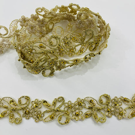 1 Yard Exquisite Beaded & Corded Lace Trimming Embroidered on 100% Polyester Organza for Bridal and Evening Dresses 1.5 Inch Width