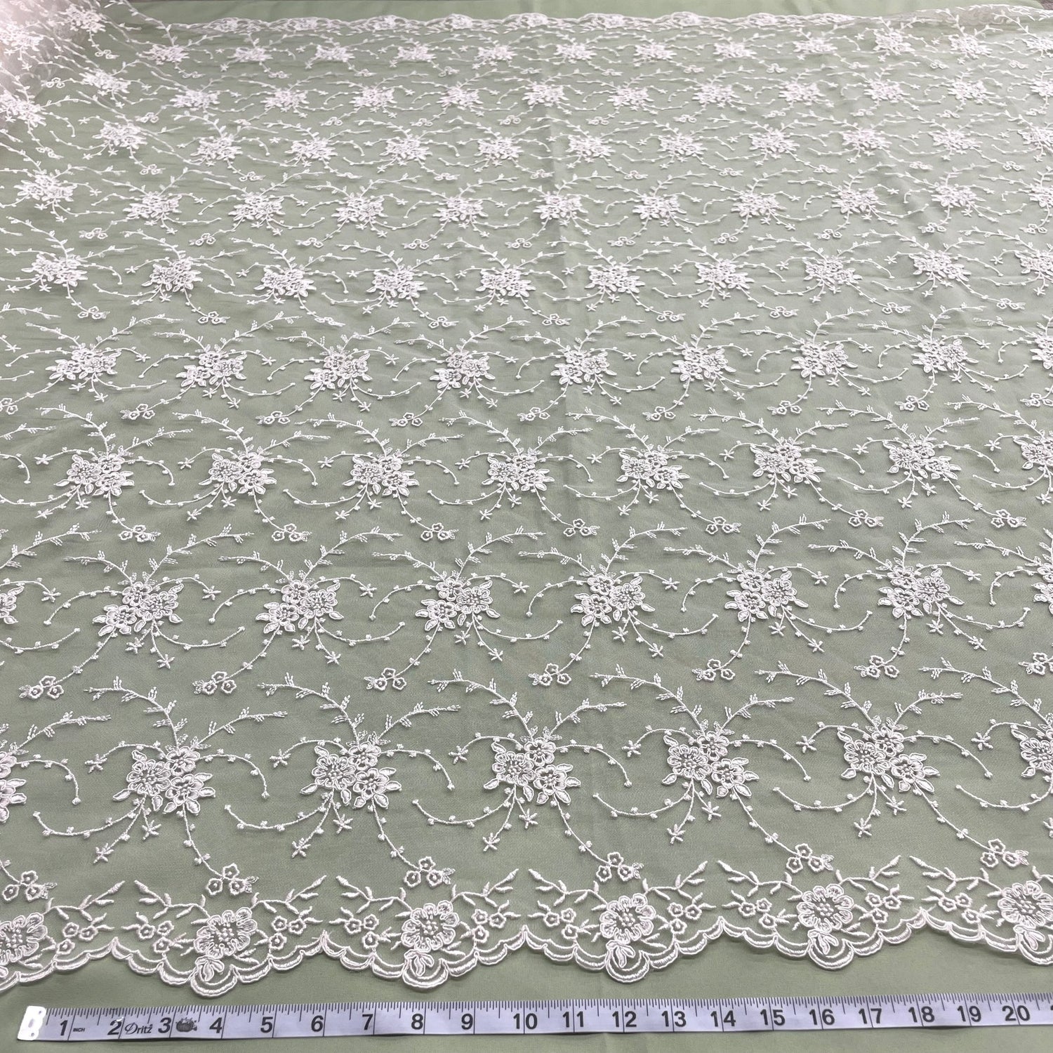 1 Yard Corded Bridal Lace Fabric Embroidered on 100 Percent Polyester Net Mesh White 52 inch Width