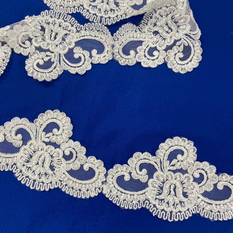 1 Yard Embroidered on 100% Polyester Net Mesh 4″ Wide Beaded & Corded Lace Trimming