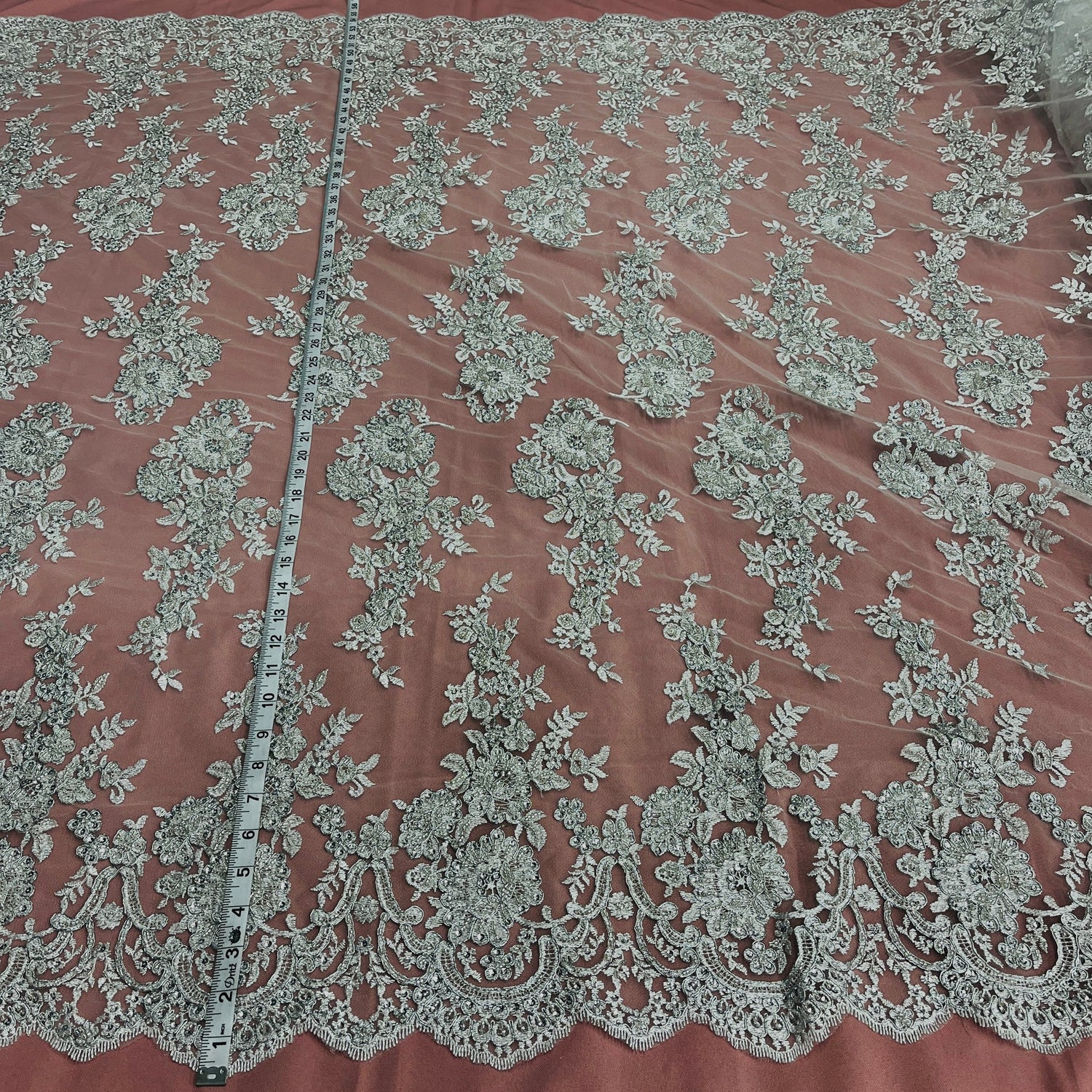 1 Yard Opulent Beaded Corded Bridal Lace Fabric Embroidered on Premium Mesh 53