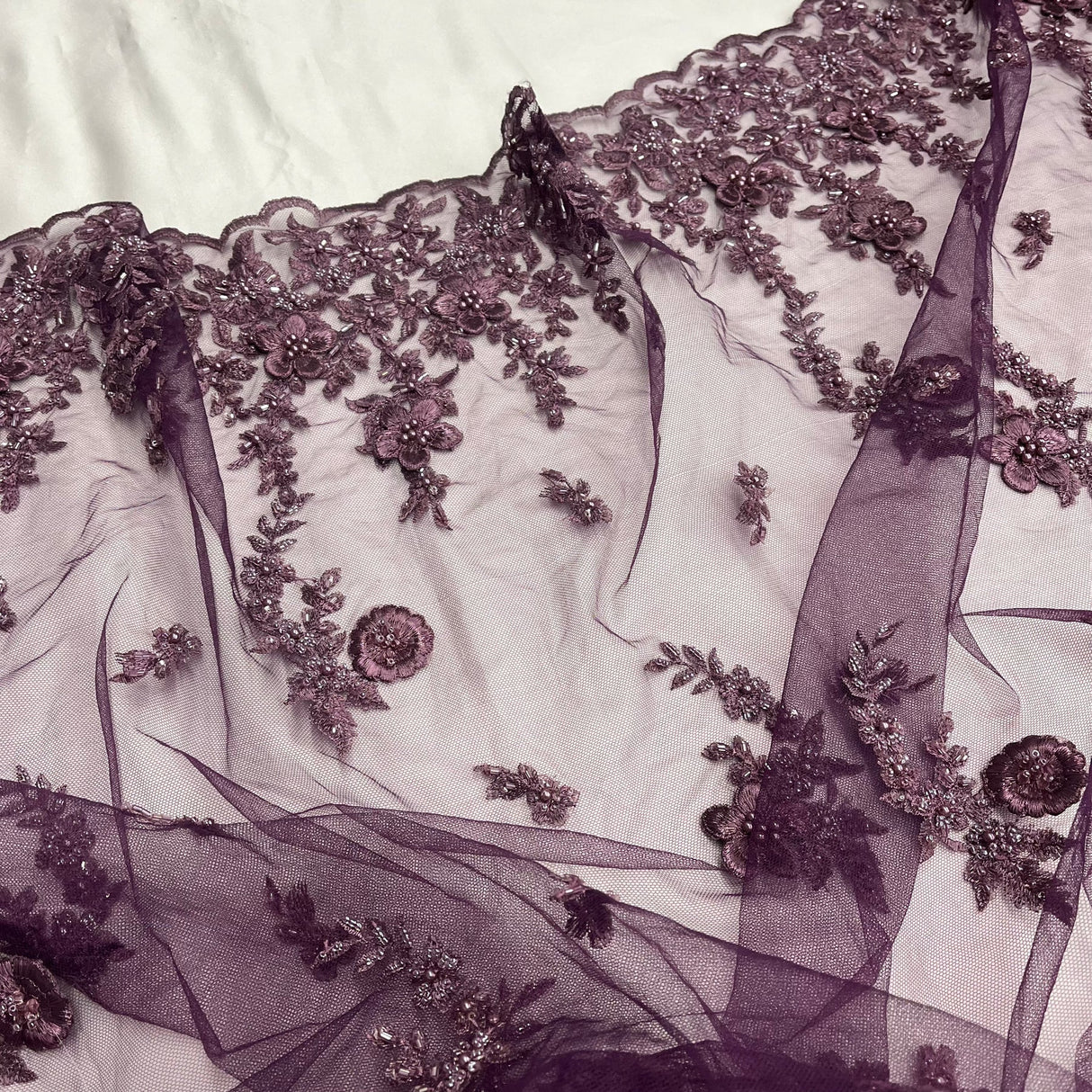 1 Yard Beaded 3D Floral Lace Fabric Embroidered on Polyester Net Mesh, Plum, 54" Width, Elegant Fabric for Dresses & Crafts