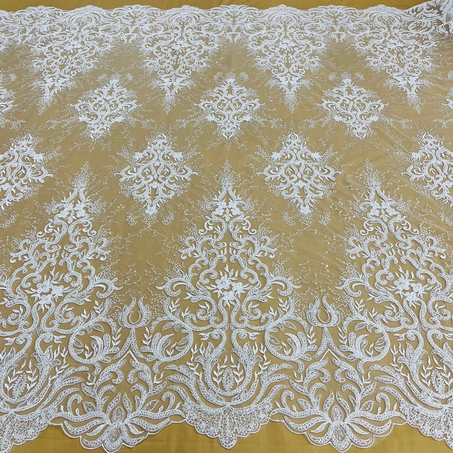 1 Yard Gold Beaded and Corded Bridal Lace Fabric Embroidered on 100 Percent Polyester Net Mesh 56 Inch Width