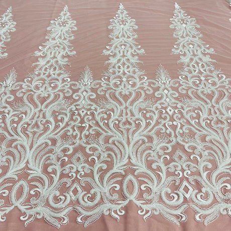 1 Yard Gold Beaded Lace Fabric Embroidered with Fuzzy Thread on 100 Percent Polyester Net Mesh 49 Inch Width
