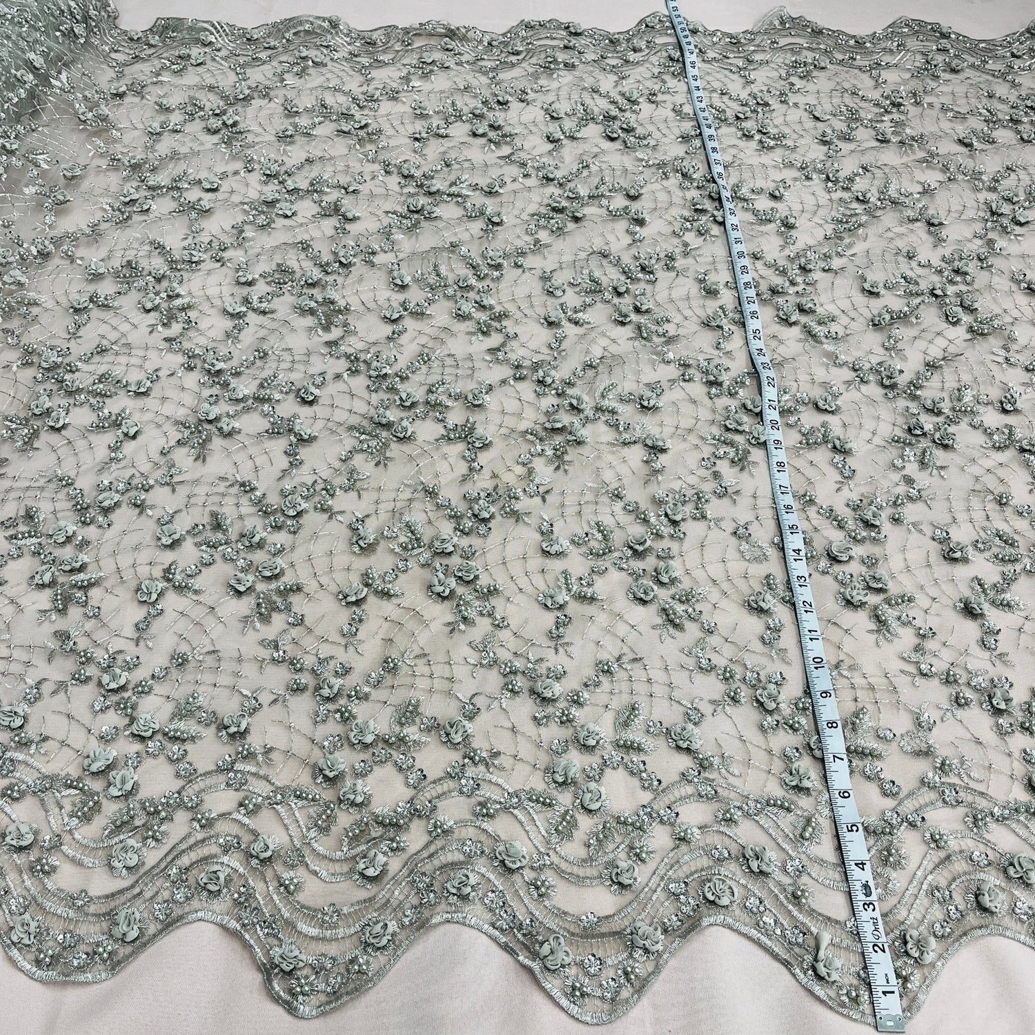 1 Yard Stunning Beaded 3D Floral Lace Fabric Embroidered on Premium Mesh 52