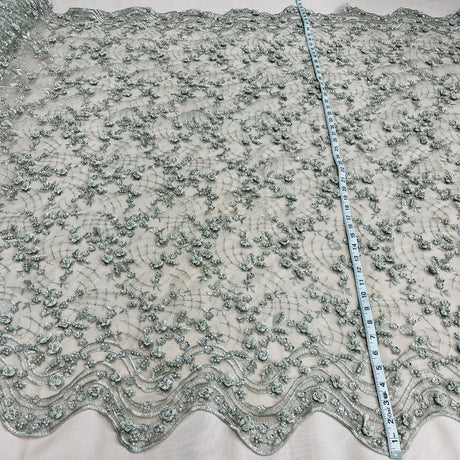 1 Yard Stunning Beaded 3D Floral Lace Fabric Embroidered on Premium Mesh 52