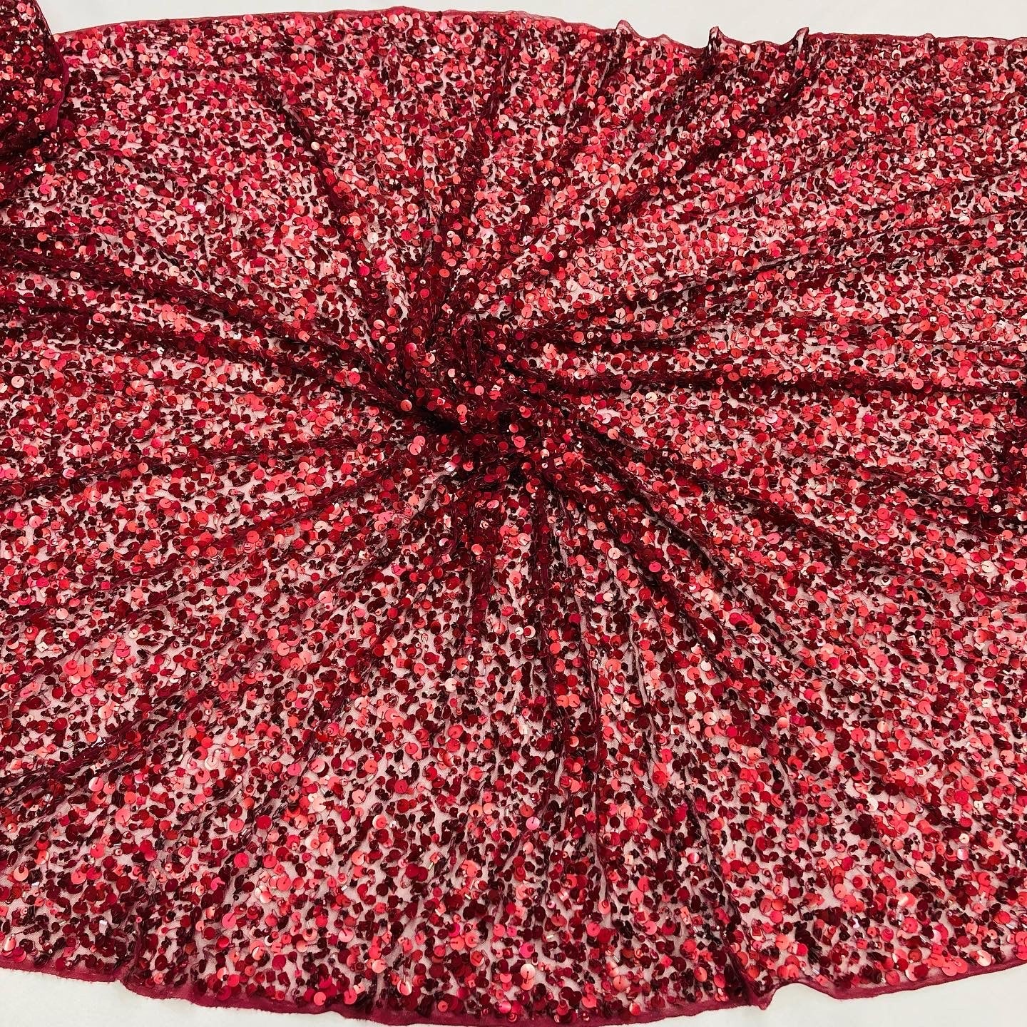 1 Yard Burgundy Sequined Lace Fabric Embroidered on Percent Polyester Net Mesh Lightweight 48 Inch Width