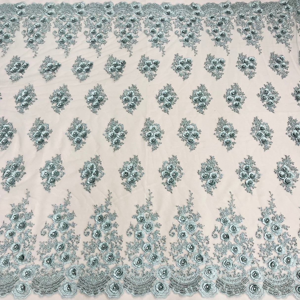 1 Yard Beaded & Rhinestone 3D Floral Embroidered Lace Fabric, Black Polyester Mesh, 54” Wide,