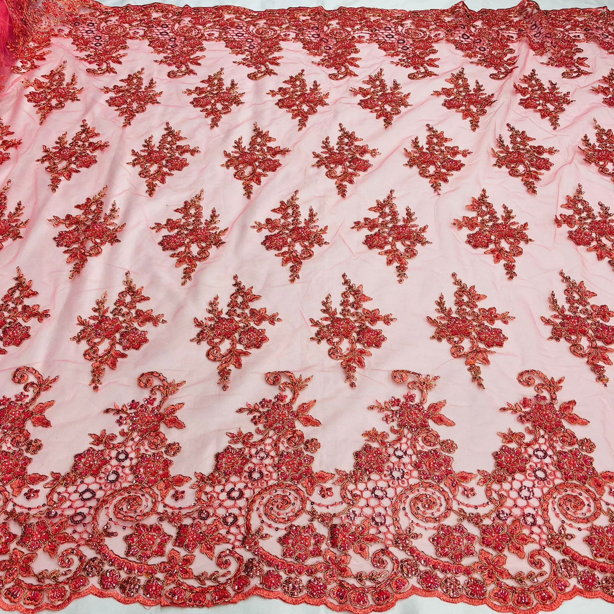 1 Yard Royal Blue Corded Lace Fabric with Hand-Embroidered Beading on Mesh 53 inch Width