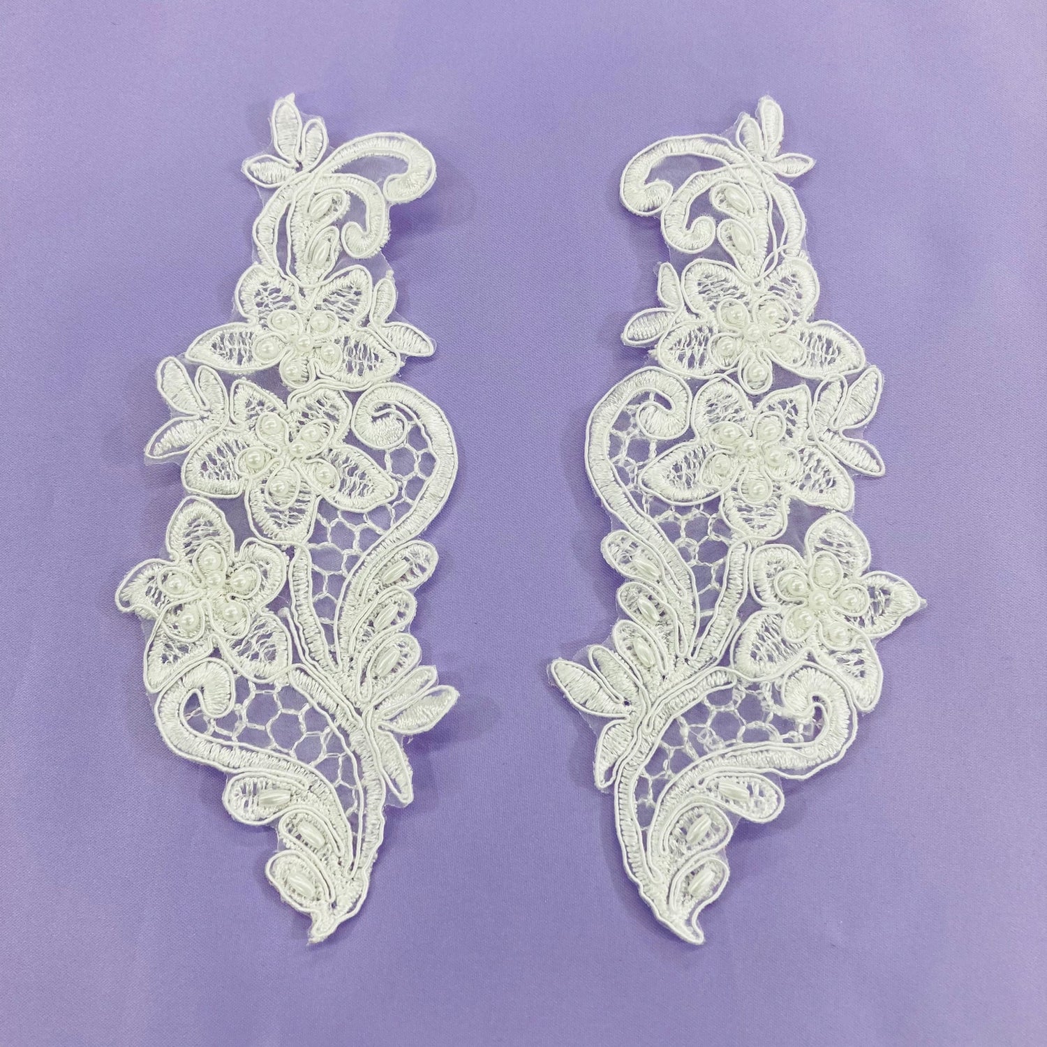 1 Pair Beaded Lace Applique Embroidered on 100% Polyester Organza 7" x 2.5" Each Side