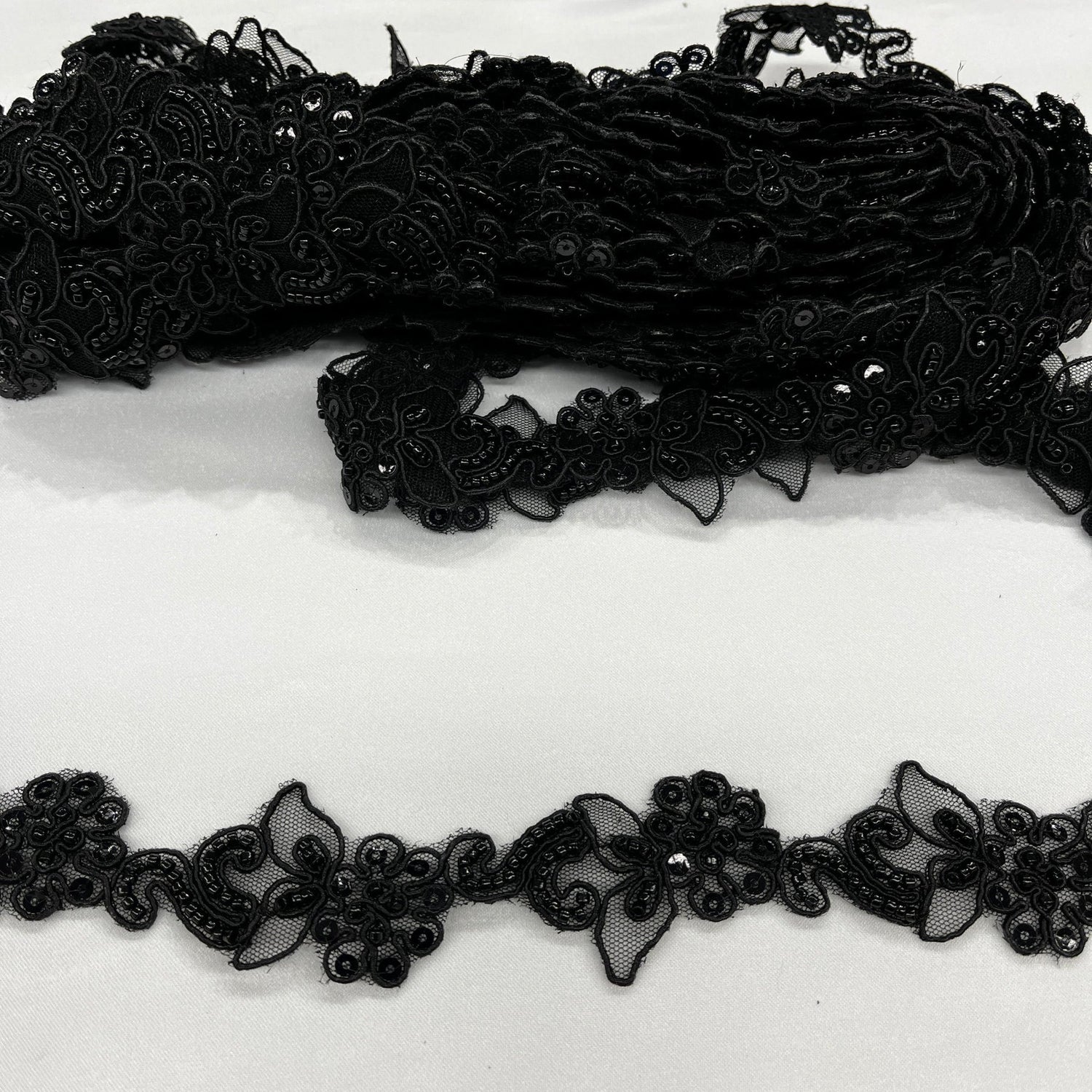 1 Yard Luxury Beaded and Corded Lace Trimming Embroidered on Fine Polyester Organza for Dresses 2 Inch Width