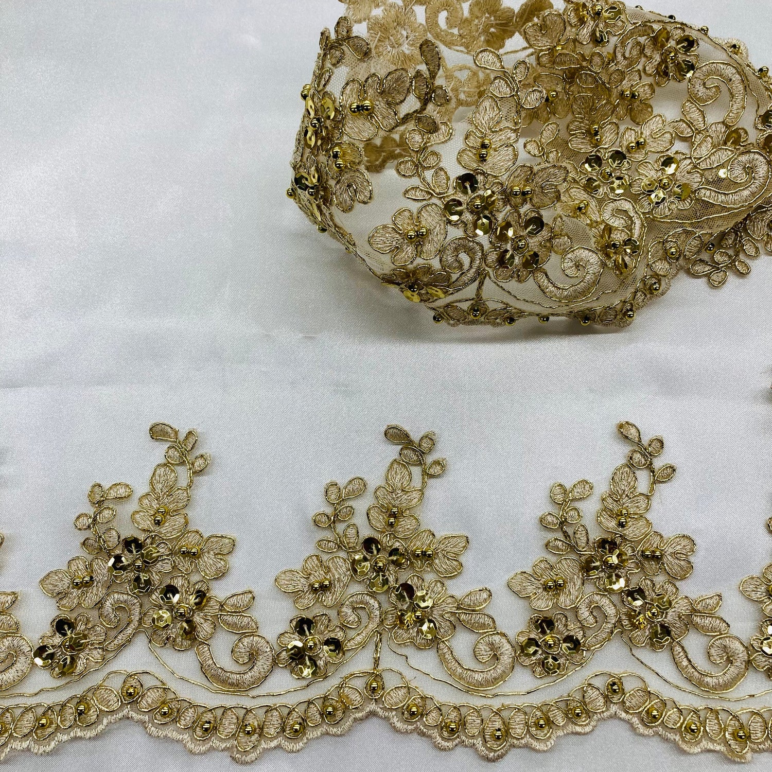 1 Yard Beaded & Corded Embroidered Lace Trim 4.5" Wide 100% Polyester Net Mesh for Bridal & Special Occasion